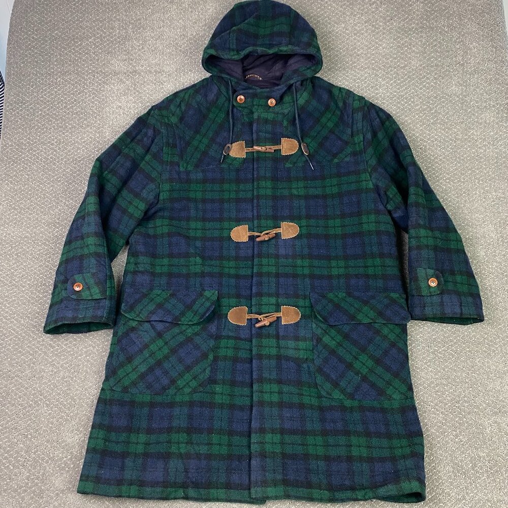 Vintage LL Bean Toggle Coat Men's XL Green Blue Tartan Plaid Wool USA Duffle
